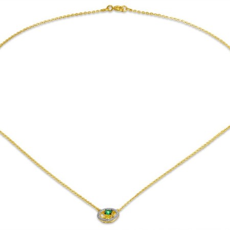 Sterling Silver w/ Yellow Plating Necklace Dyed Green Agate,White Cubic Zirconia (N308270GEZSY925)