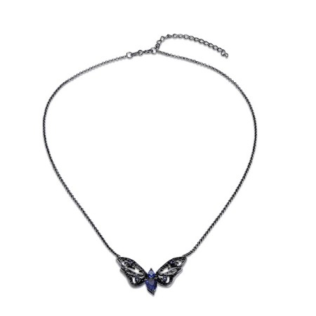 Sterling Silver w/ Black Plating Necklace Black spinel,Blue Glass,Blue Nano Cubic Zirconia (N311074BGBNSB925)