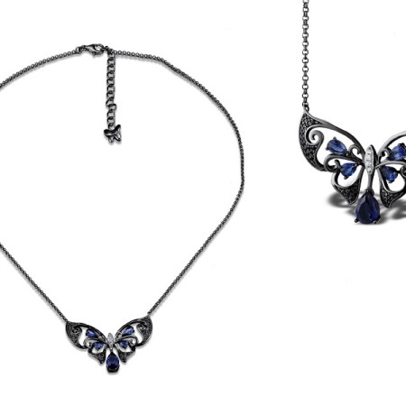 Sterling Silver w/ Black White Plating Necklace Black spinel,Blue Glass,White Cubic Zirconia (N311075BSBZSK925)