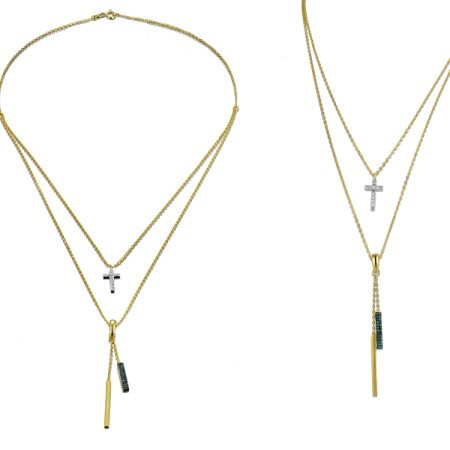 Sterling Silver w/ Yellow Black White Plating Necklace Created Emerald,Created white sapphire (N311449CEWSZ925)