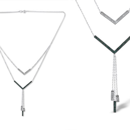 Sterling Silver w/ Black White Plating Necklace Created Emerald,Created white sapphire (N311455CEWSK925)