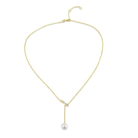 Sterling Silver w/ IONIC YELLOW PLATING Necklace Fresh Water White Pearl,White Cubic Zirconia (N311628FWZSP925)