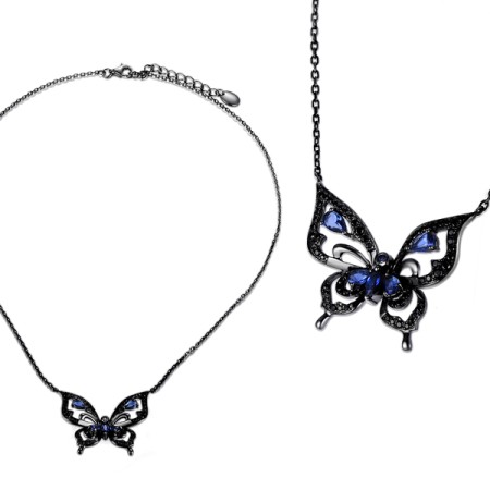 Sterling Silver w/ Black Plating Necklace Black spinel,Blue Glass,Blue Nano Cubic Zirconia (N311887BGBNSB925)