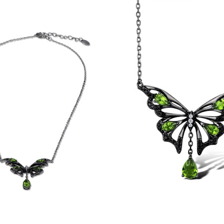 Sterling Silver w/ Black Plating Necklace Black spinel,Green Glass,White Cubic Zirconia (N312106BGZSB925)