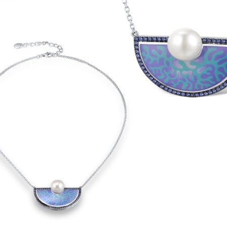 Sterling Silver w/ Black White Plating Necklace Blue Nano Cubic Zirconia,Enamel,White Shell Beads (N312848ENASK925)