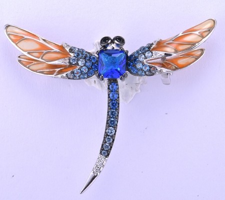 Sterling Silver w/ Black White Plating Brooch Black spinel,Blue Glass,Blue Spinel,Enamel,White Cubic Zirconia (O307577ENASK925)