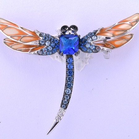Sterling Silver w/ Black White Plating Brooch Black spinel,Blue Glass,Blue Spinel,Enamel,White Cubic Zirconia (O307577ENASK925)