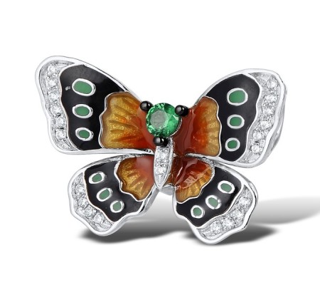 Sterling Silver w/ Black White Plating Brooch Enamel,Green Spinel,White Cubic Zirconia (O309167ENASK925)