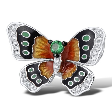 Sterling Silver w/ Black White Plating Brooch Enamel,Green Spinel,White Cubic Zirconia (O309167ENASK925)