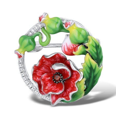 Sterling Silver w/ Black White Plating Brooch Garnet Nano Cubic Zirconia,White Cubic Zirconia,Enamel (O310785ENASK925)