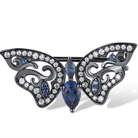 Sterling Silver w/ Black Plating Brooch Blue Glass,Blue Nano Cubic Zirconia,White Cubic Zirconia (O311074BLNZSB925)