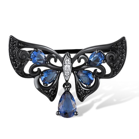 Sterling Silver w/ Black White Plating Brooch Black spinel,Blue Glass,White Cubic Zirconia (O311075BSBZSK925)