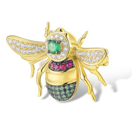 Sterling Silver w/ Yellow Black Plating Brooch Created Ruby,Green Spinel,White Cubic Zirconia (O312379CUGZSC925)