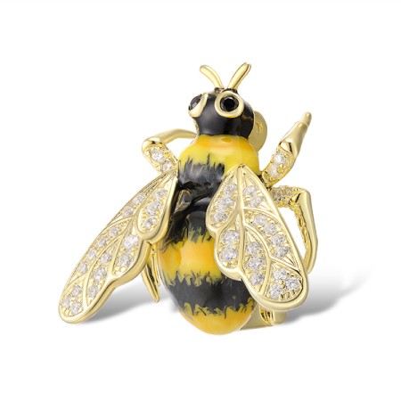 Sterling Silver w/ Yellow Plating Brooch White Cubic Zirconia,Black spinel,Enamel (O312380ENASY925)