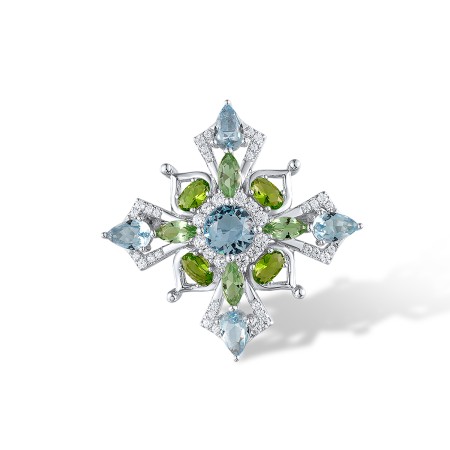 Sterling Silver Brooch Blue Glass,Green Glass,White Cubic Zirconia (O312393BGRZSL925)