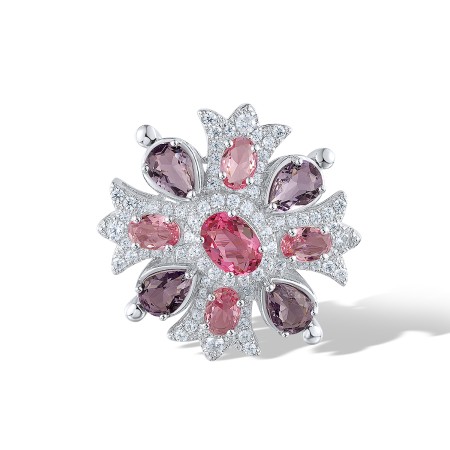 Sterling Silver Brooch Pink Glass,Purple Glass,White Cubic Zirconia (O312410PPGZSL925)