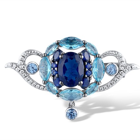 Sterling Silver w/ Black White Plating Brooch Blue Spinel,Created Sapphire,White Cubic Zirconia,Blue Glass (O312455MULSK925)