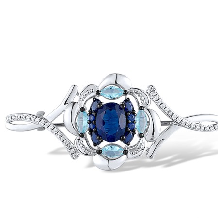 Sterling Silver w/ Black White Plating Brooch White Cubic Zirconia,Blue Glass,Created Sapphire (O312635CSBZSK925)