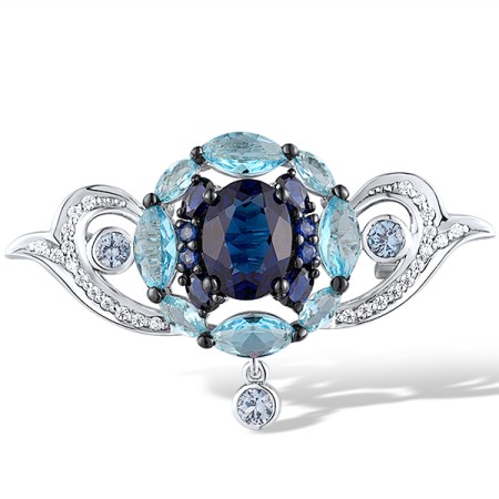 Sterling Silver w/ Black White Plating Brooch Created Sapphire,White Cubic Zirconia,Blue Glass,Blue Spinel (O312639MULSK925)