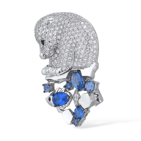 Sterling Silver w/ Black White Plating Brooch White Cubic Zirconia,Black spinel,Blue Spinel (O313750BBNZSK925)