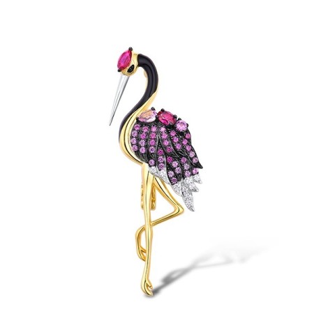 Sterling Silver w/ Yellow Black White Plating Brooch Black spinel,Created Pink Sapphire,Created Ruby,Enamel,White Cubic Zirconia (O313752ENASZ925)