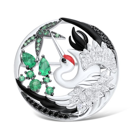 Sterling Silver w/ Black White Plating Brooch White Cubic Zirconia,Enamel,Green Glass,Green Spinel,Black spinel (O313756ENASK925)