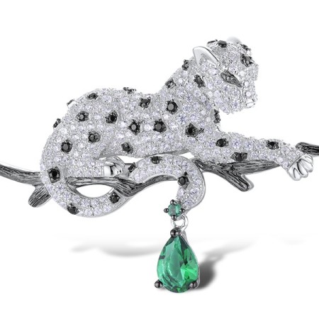 Sterling Silver w/ Black White Plating Brooch Green Spinel,White Cubic Zirconia,Black spinel,Green Glass (O313757MULSK925)