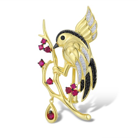 Sterling Silver w/ Yellow Black White Plating Brooch White Cubic Zirconia,Black spinel,Created Ruby (O313902BCRZSZ925)