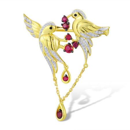 Sterling Silver w/ Yellow Black White Plating Brooch White Cubic Zirconia,Black spinel,Created Ruby (O313903BCRZSZ925)