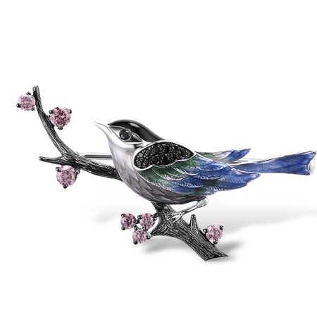 Sterling Silver w/ Black White Plating Brooch Black spinel,Enamel,Rhodolite Garnet Cubic Zirconi (O314033ENA1SK925)