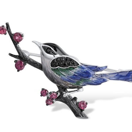 Sterling Silver w/ Black White Plating Brooch Black spinel,Enamel,Rhodolite Garnet (O314033ENASK925)