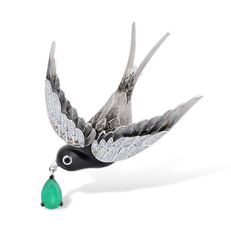 Sterling Silver w/ Black White Plating Brooch Enamel,White Cubic Zirconia,Black spinel,Dyed Green Agate (O314034ENASK925)