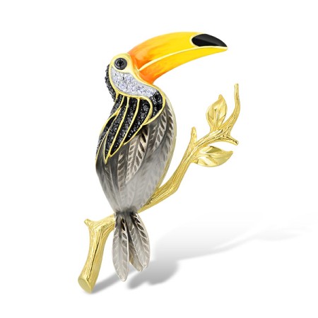 Sterling Silver w/ Yellow Black White Plating Brooch Enamel,White Topaz,Black spinel (O314036ENASZ925)