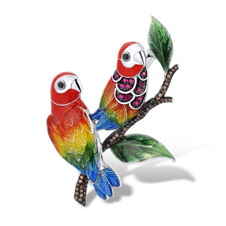 Sterling Silver w/ Black White Plating Brooch Created Ruby,Enamel,Black spinel,Chocolate CZ (O314038ENASK925)