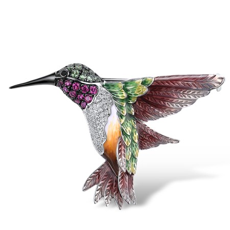 Sterling Silver w/ Black White Plating Brooch Green Spinel,Black spinel,White Cubic Zirconia,Created Ruby,Enamel (O314039ENA1SK925)