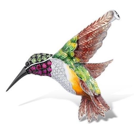 Sterling Silver w/ Black White Plating Brooch Black spinel,Created Ruby,Enamel,Green Garnet,White Cubic Zirconia (O314039ENASK925)