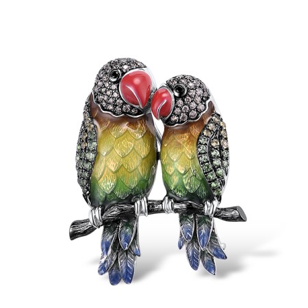 Sterling Silver w/ Black White Plating Brooch Green Spinel,Black spinel,Yellow Nano Cubic Zirconia (Ci,Chocolate CZ,Enamel (O314042ENA1SK925)