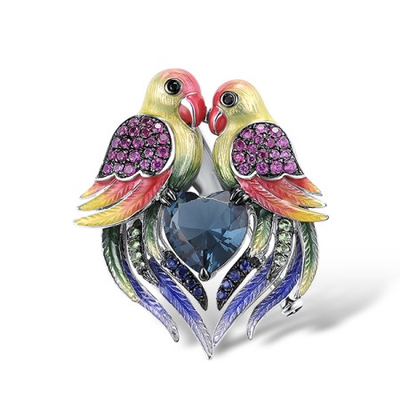 Sterling Silver w/ Black White Plating Brooch Created Sapphire,Black spinel,Enamel,Blue Glass,Green Spinel,Created Ruby (O314043ENA1SK925)