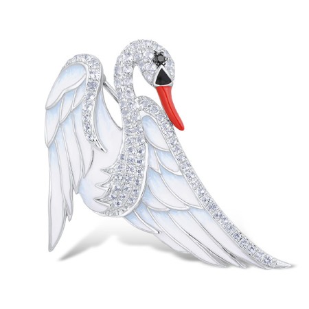 Sterling Silver w/ Black White Plating Brooch Black spinel,Enamel,White Topaz (O314045ENASK925)