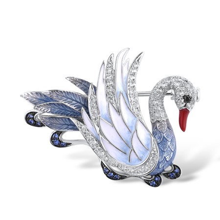 Sterling Silver w/ Black White Plating Brooch Enamel,White Topaz,Black spinel,Blue Nano Cubic Zirconia (O314046ENA1SK925)