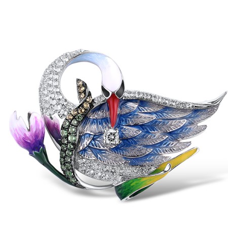 Sterling Silver w/ Black White Plating Brooch Yellow Nano Cubic Zirconia (Ci,Enamel,Green Spinel,White Topaz (O314047ENA1SK925)