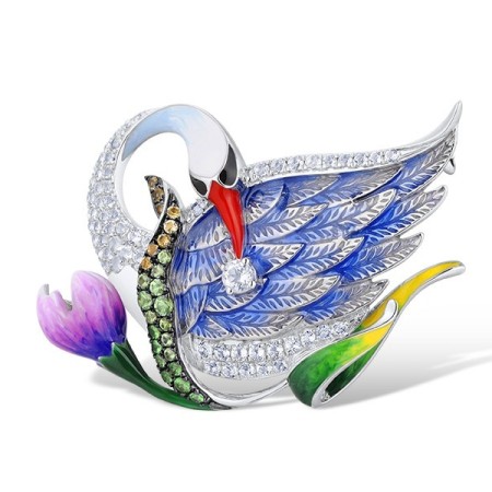 Sterling Silver w/ Black White Plating Brooch Citrine,Enamel,Green Garnet,White Topaz (O314047ENASK925)