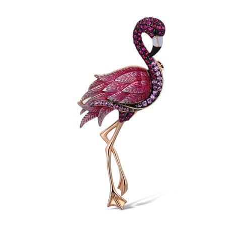 Sterling Silver w/ Rose Black White Plating Brooch Created Ruby,Enamel,Black spinel,Created Pink Sapphire (O314048ENASV925)