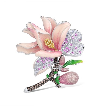 Sterling Silver w/ Yellow Black White Plating Brooch White Topaz,Chocolate CZ,Created Pink Sapphire,Enamel (O314119ENASZ925)