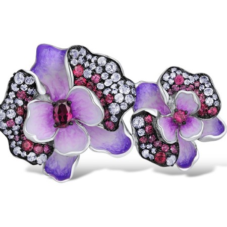 Sterling Silver w/ Black White Plating Brooch Rhodolite Garnet,White Topaz,Enamel (O314174ENA1SK925)