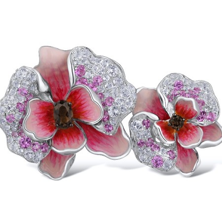 Sterling Silver w/ Black White Plating Brooch Smoky Quartz,White Topaz,Created Pink Sapphire,Enamel (O314174ENASK925)