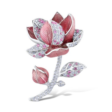 Sterling Silver Brooch Created Pink Sapphire,Enamel,White Topaz (O314175ENASL925)