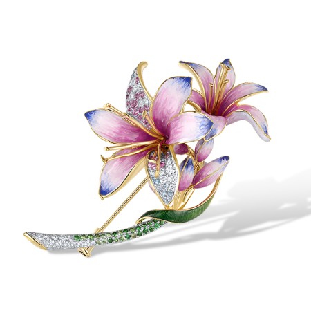 Sterling Silver w/ Ionic Yellow Plating Brooch Enamel,Green Garnet,Blue Topaz (Swiss Blue),White Topaz,Created Pink Sapphire (O314176ENASP925)