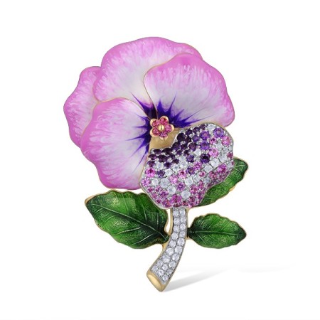 Sterling Silver w/ Ionic Yellow Plating Brooch Created Pink Sapphire,Created Purple Nano Spinel,Enamel,Rhodolite Garnet CZ,White Cubic Zirconia (O314178ENASP925)