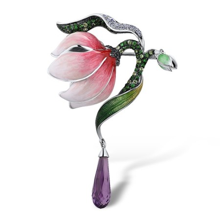 Sterling Silver w/ Black White Plating Brooch Enamel,Green Garnet,Amethyst,White Cubic Zirconia,Chocolate CZ (O314186ENASK925)